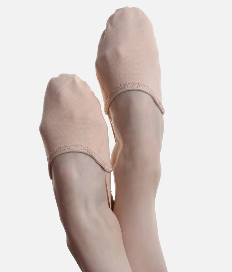 Light pink So Danca BA45 stretch canvas half sole dance shoes shown from the top on dancer's feet
