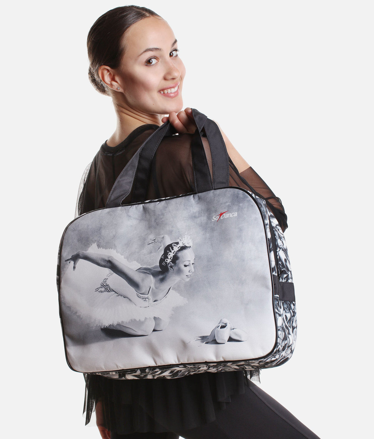Dancer carrying So Danca BG654 ballerina print dance bag
