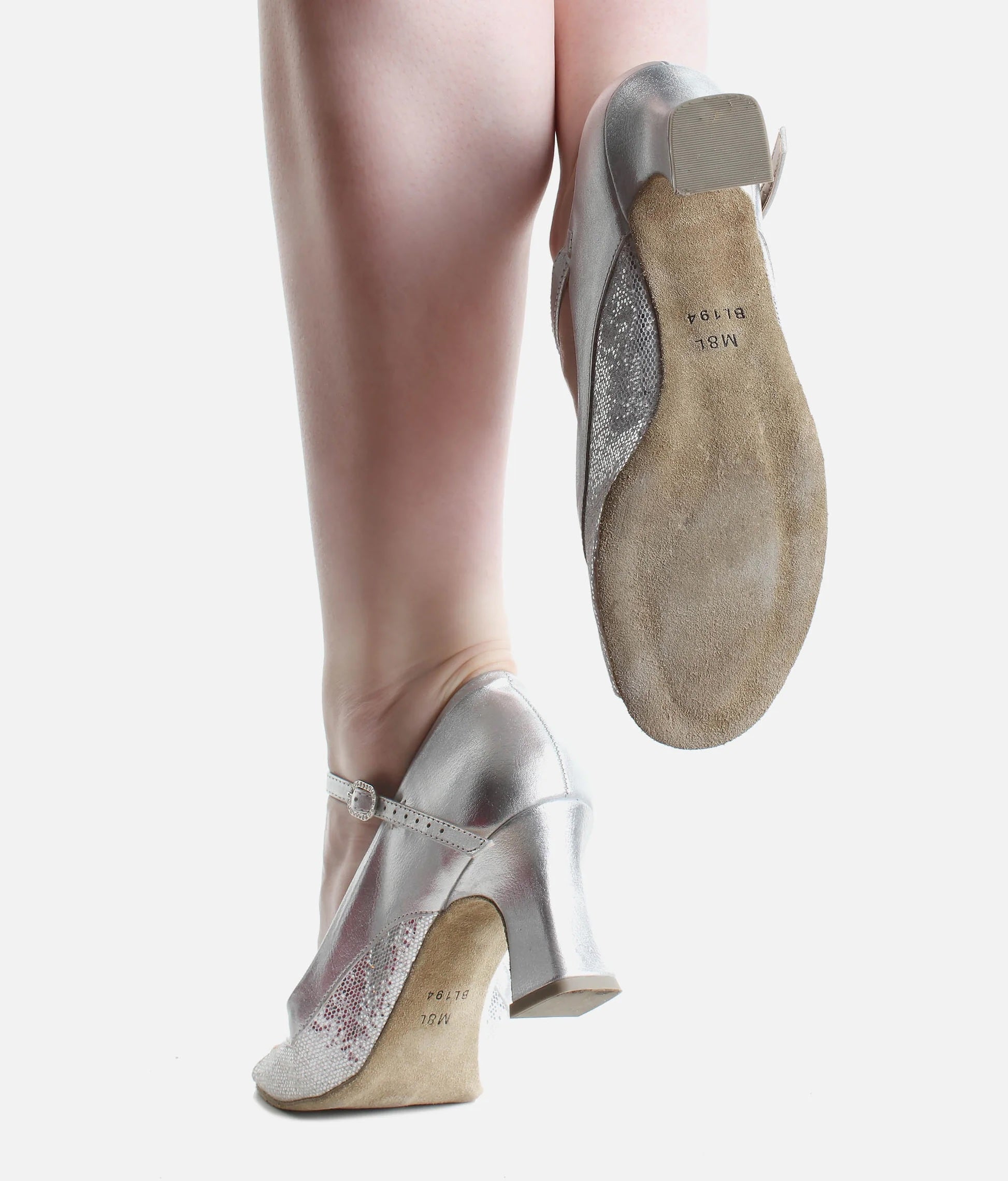 Sole and flared heel detail of So Danca BL194 silver ballroom dance shoes