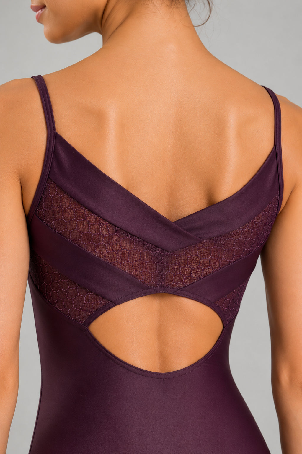Close-up back detail of the So Danca Ravena BY64 hot chocolate ballet leotard showing mesh back panel