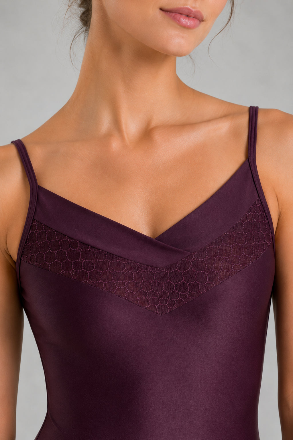 Close-up front detail of the So Danca Ravena BY64 hot chocolate ballet leotard showing mesh neckline