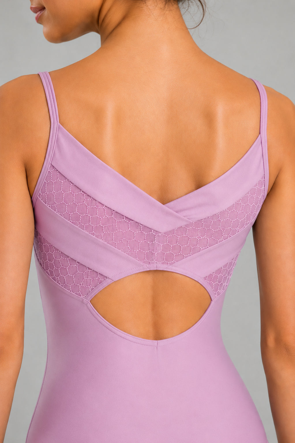 Close-up back detail of the So Danca Ravena BY64 vintage mauve ballet leotard showing mesh back panel