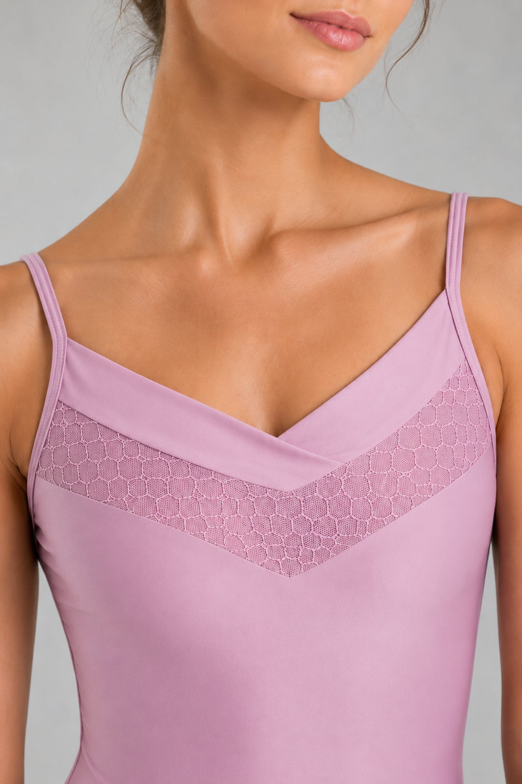 Close-up front detail of the So Danca Ravena BY64 vintage mauve ballet leotard showing mesh neckline