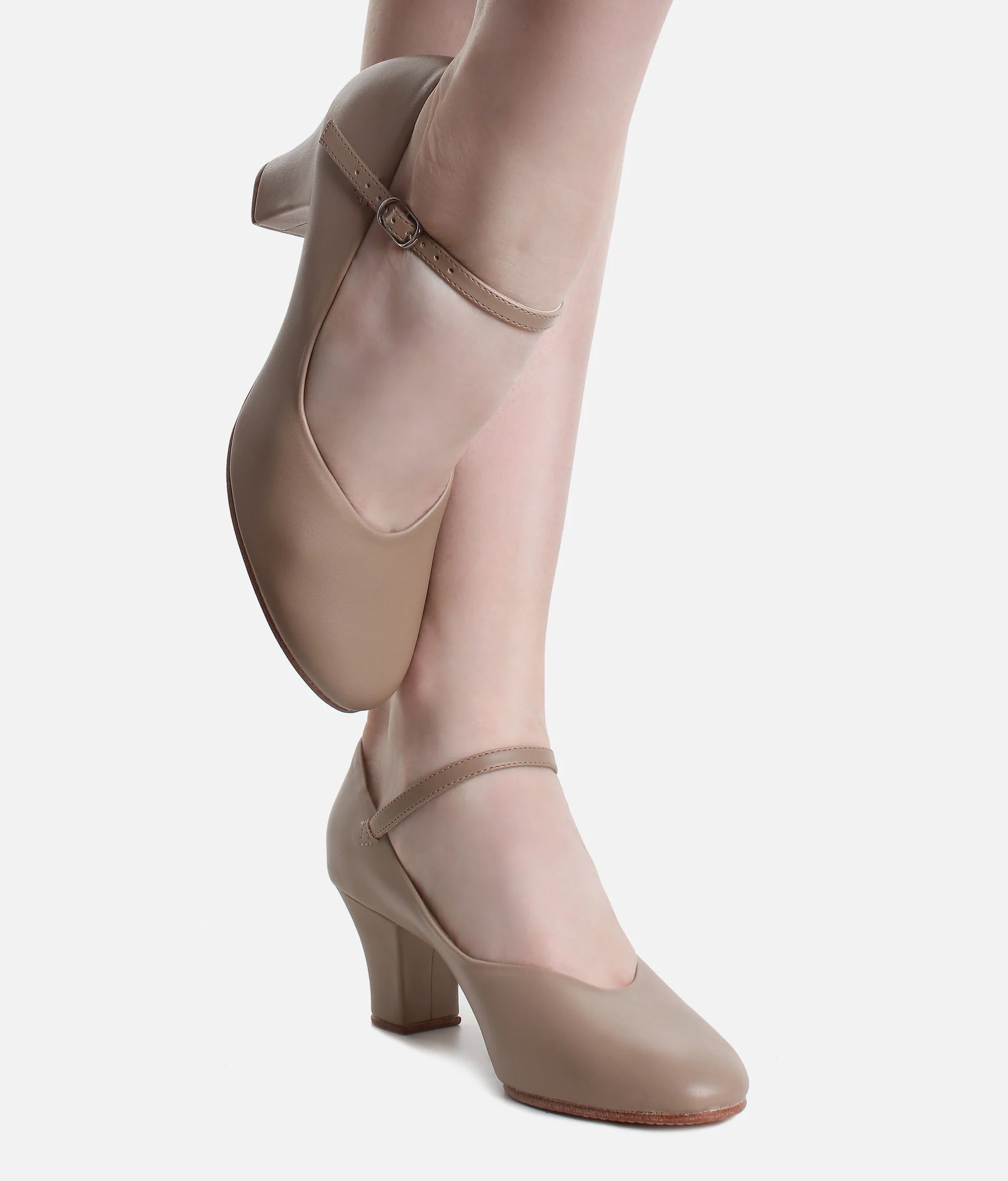 So Danca CH52 tan character dance shoes front view worn crossed ankles