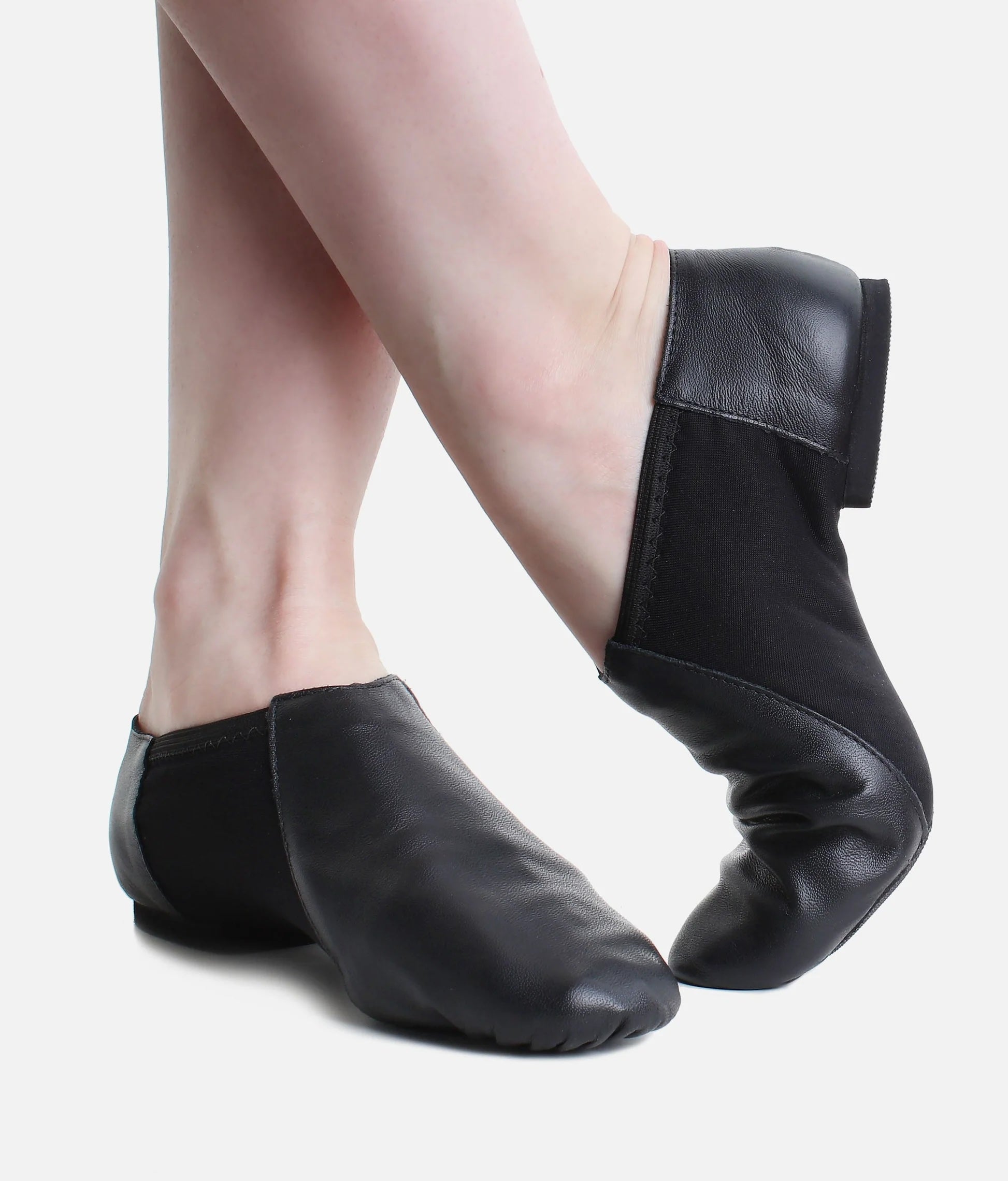 Children’s black So Danca split sole jazz shoes top and side view