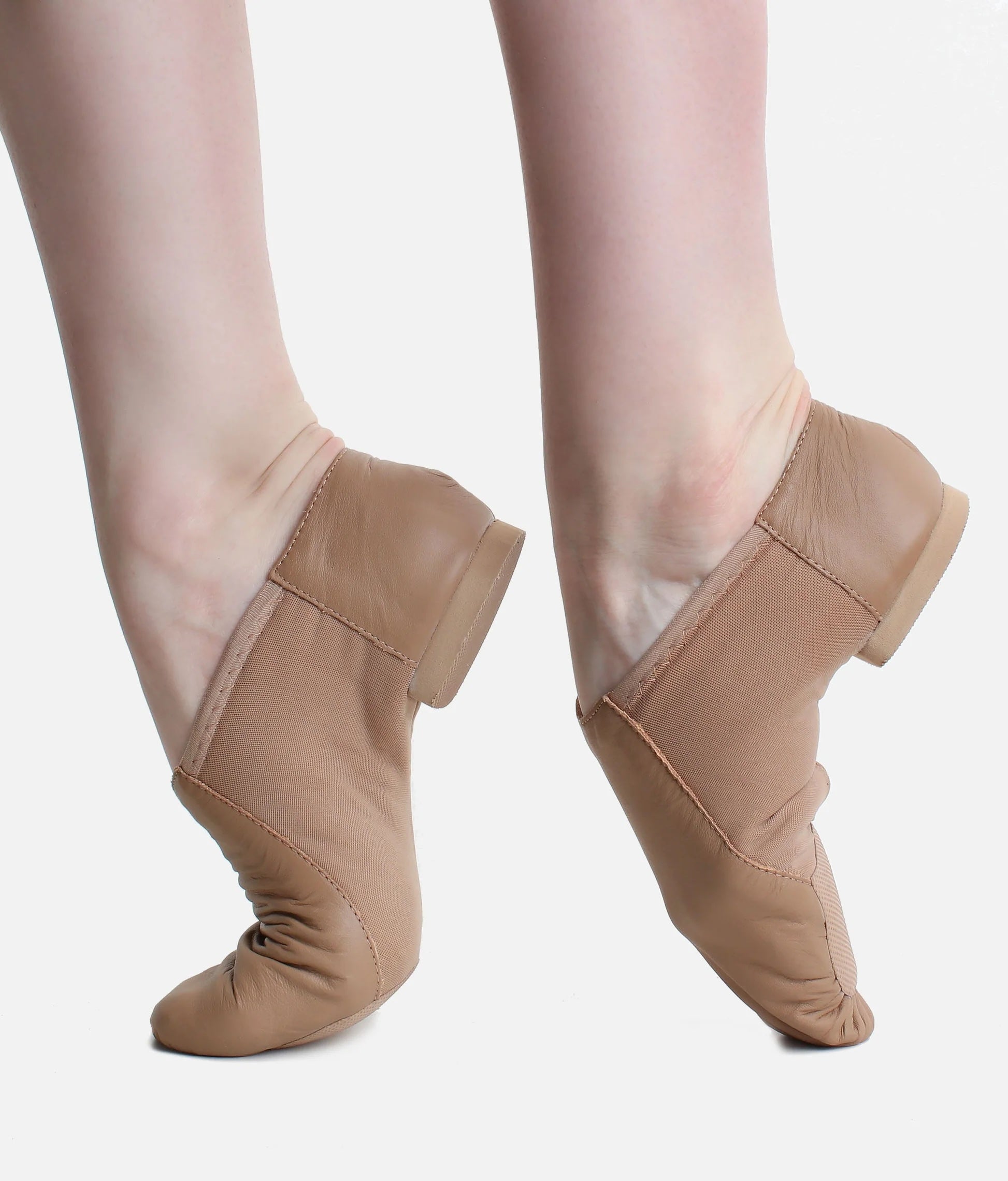 Children’s caramel So Danca leather split sole jazz shoes side profile