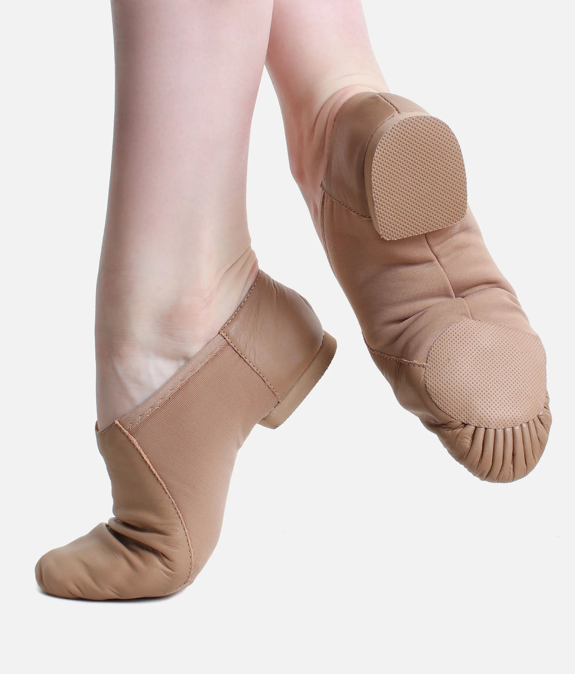 Children’s caramel So Danca split sole jazz shoes side and sole view