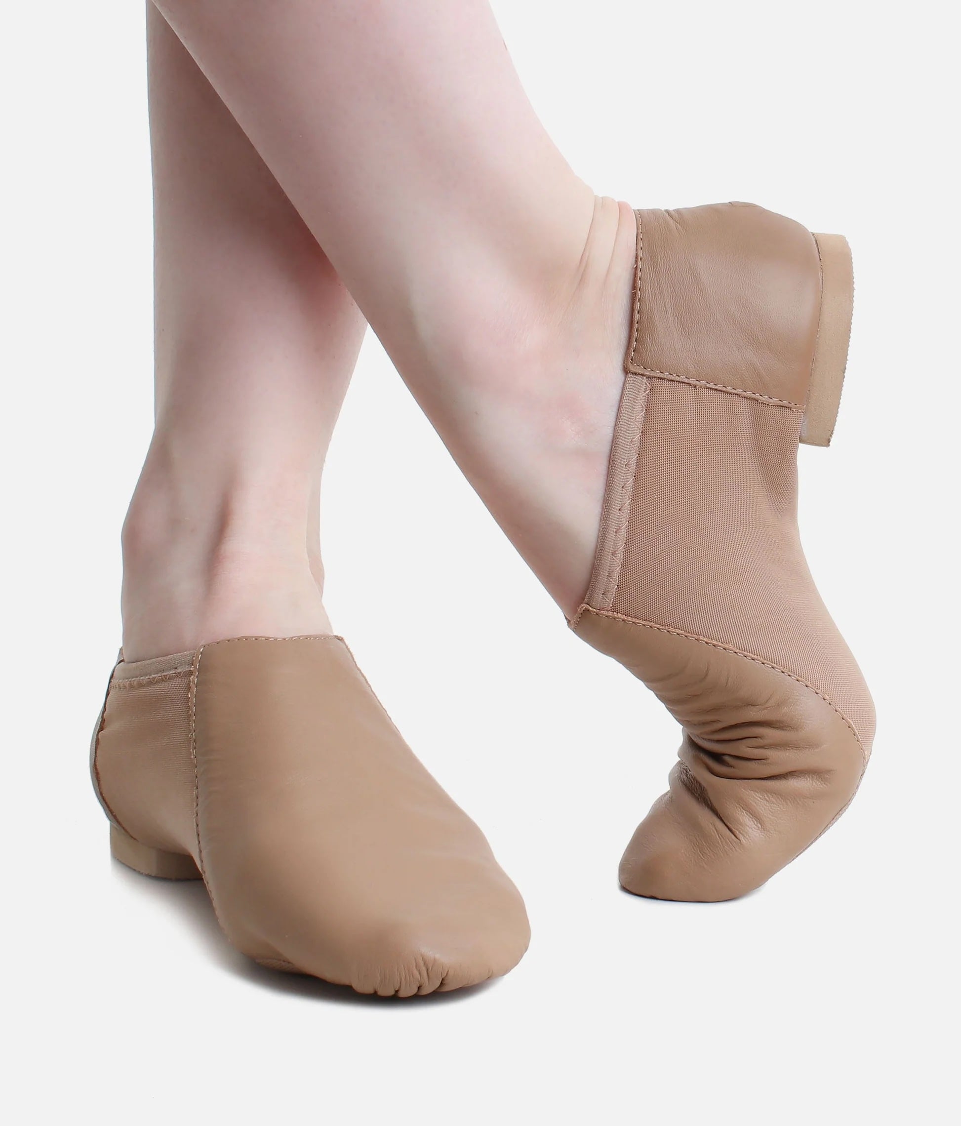 Children’s caramel So Danca split sole jazz shoes top and side view