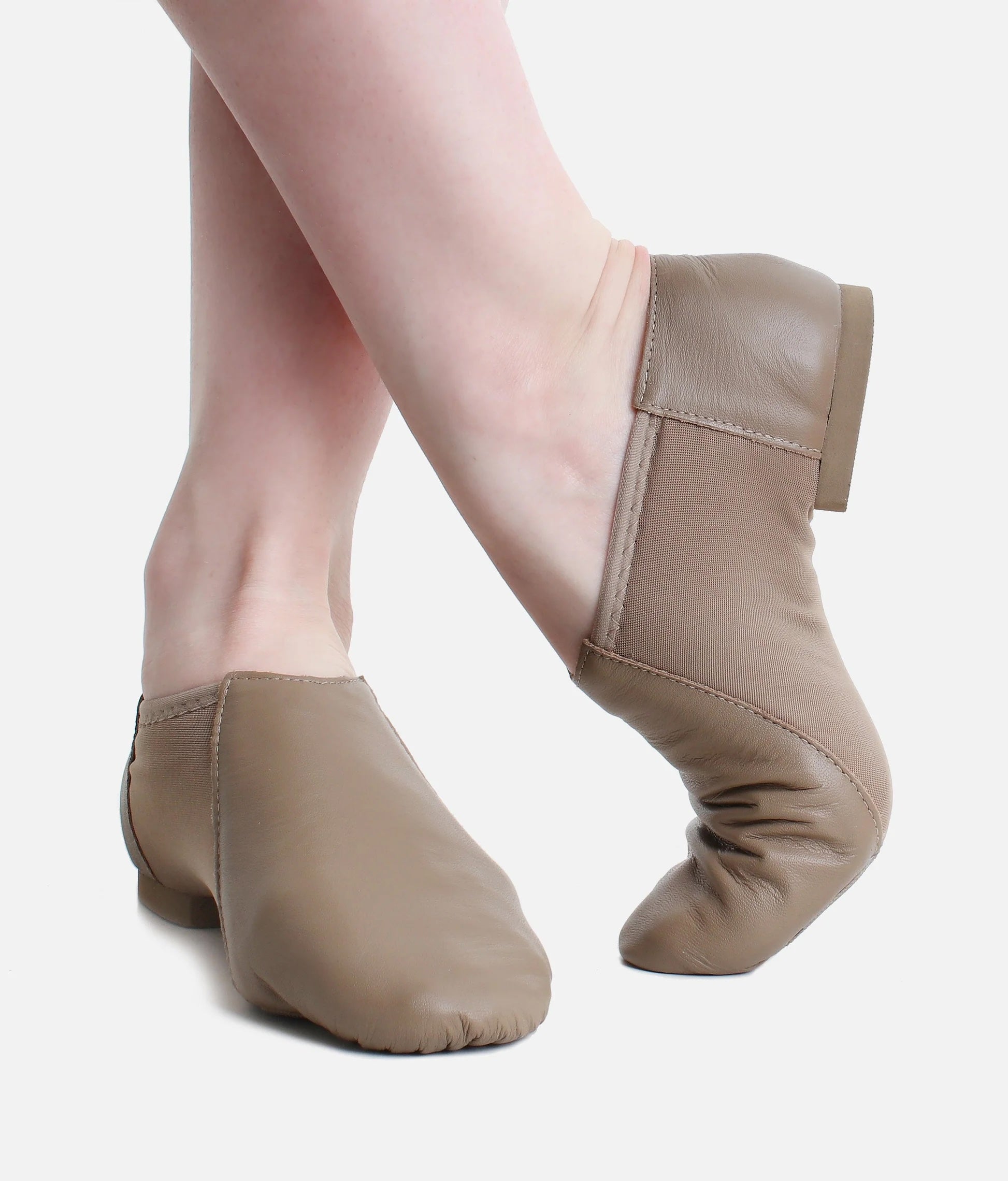 Children’s tan So Danca split sole jazz shoes top and side view