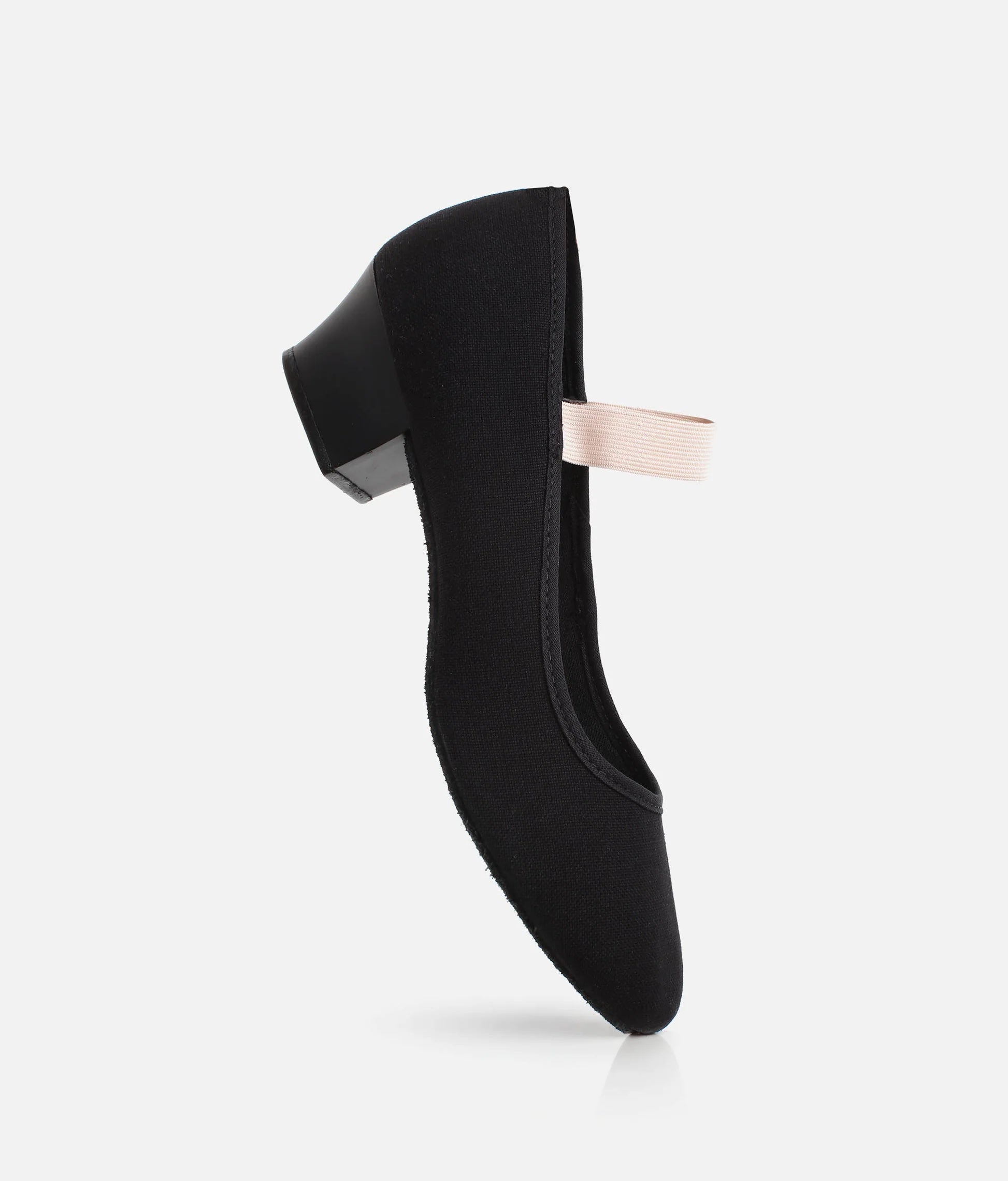 Floating side view of So Danca RO14 black canvas Cuban heel character shoes