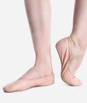 So Danca SD69 kids leather ballet shoes pink front view worn showing full sole and pre sewn elastic
