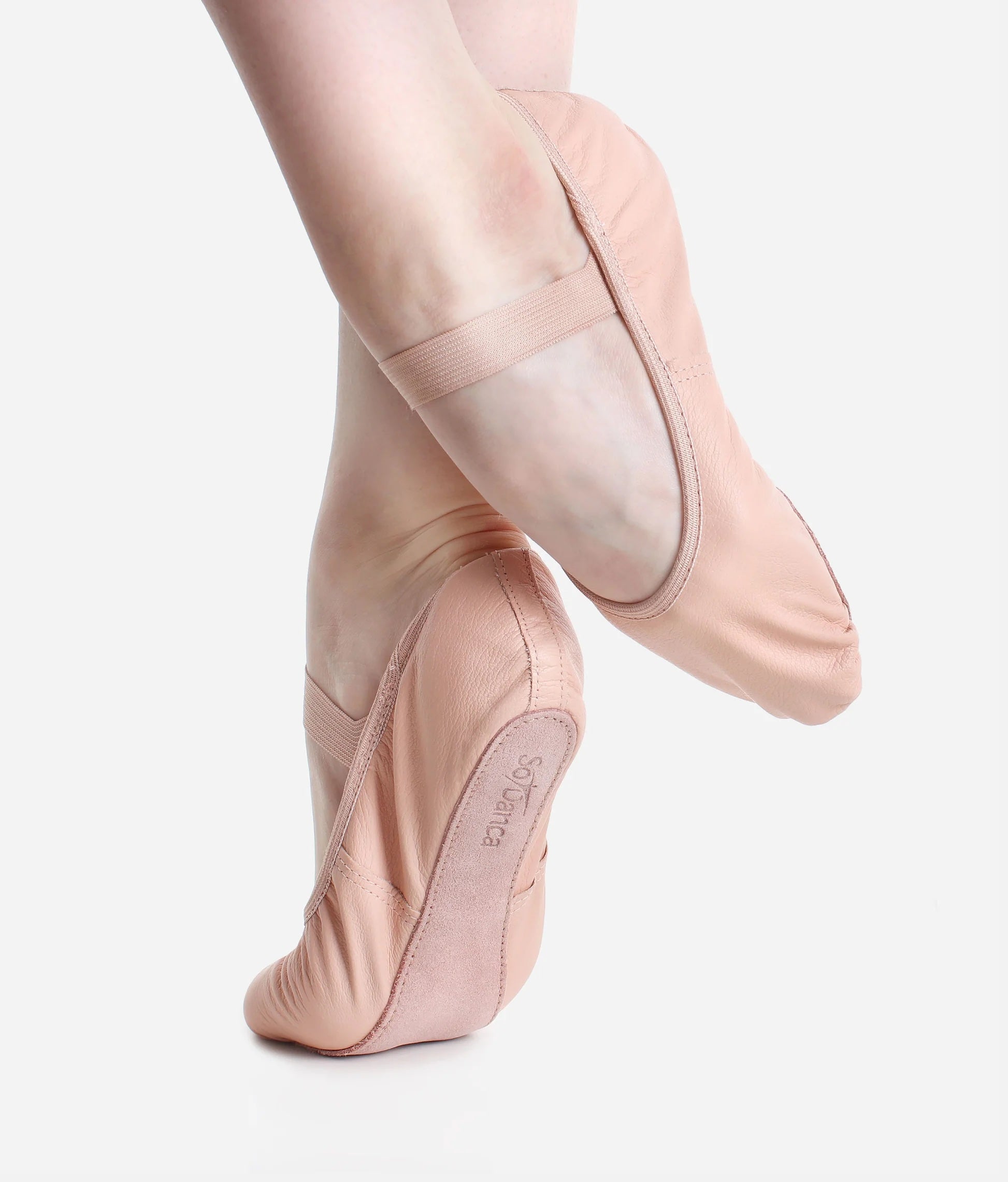 So Danca SD69 kids leather ballet shoes pink side view worn showing full sole and pre sewn elastic