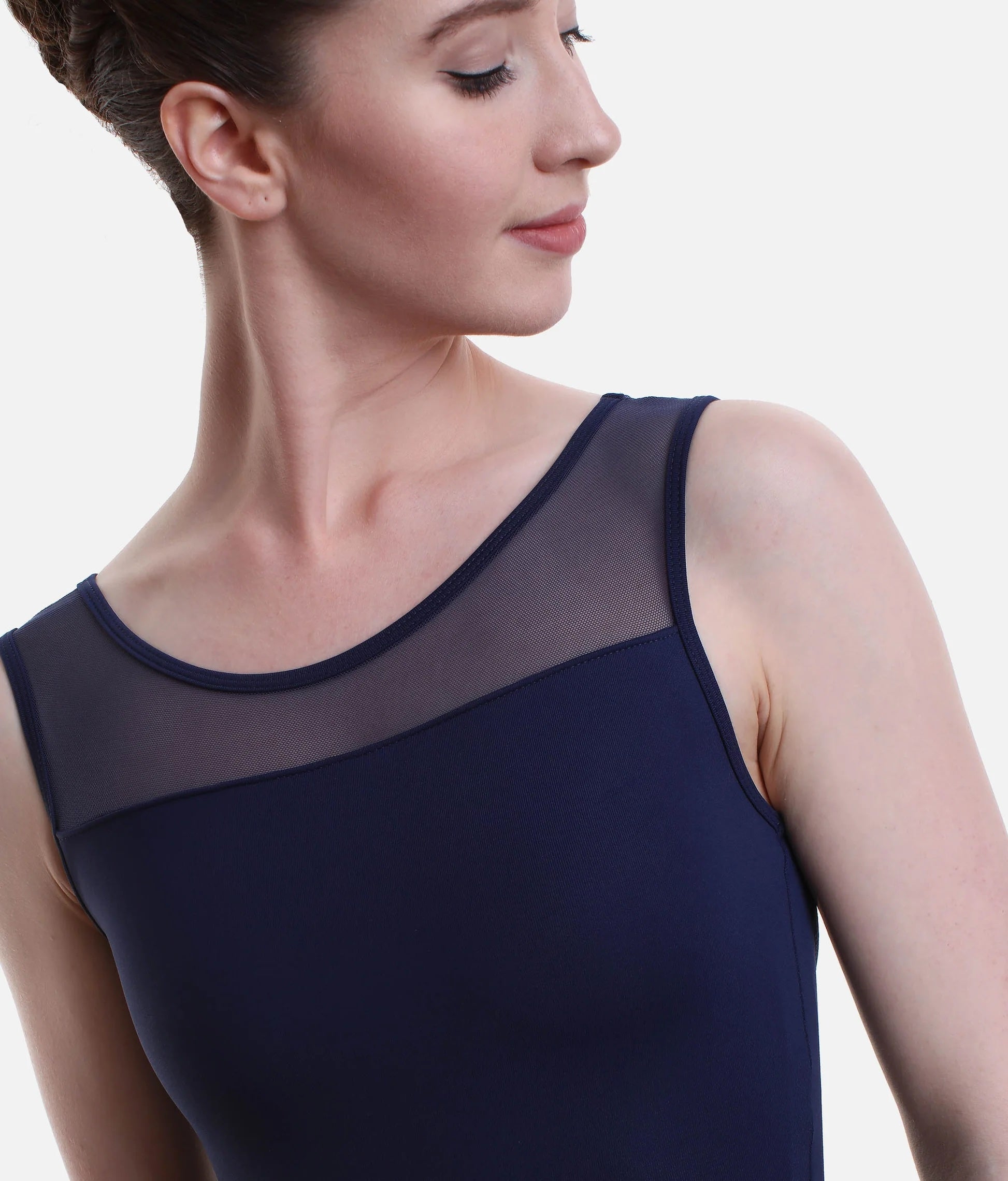 Close-up front detail of So Danca SL127 navy ballet leotard