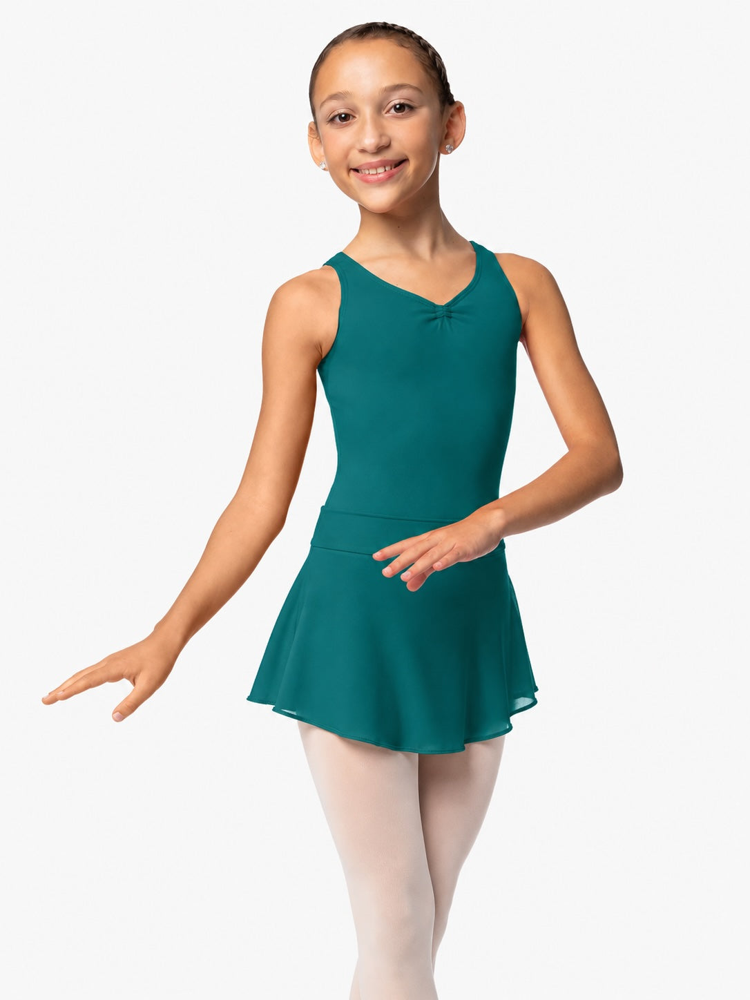 Front view of girl wearing So Danca SL150 green ballet skirt with matching So Danca SL07 green tank leotard