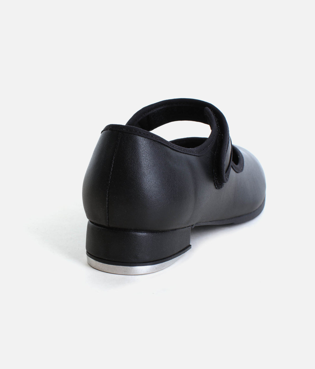 Rear view of So Danca TA38 adult black Velcro tap shoe showing low heel