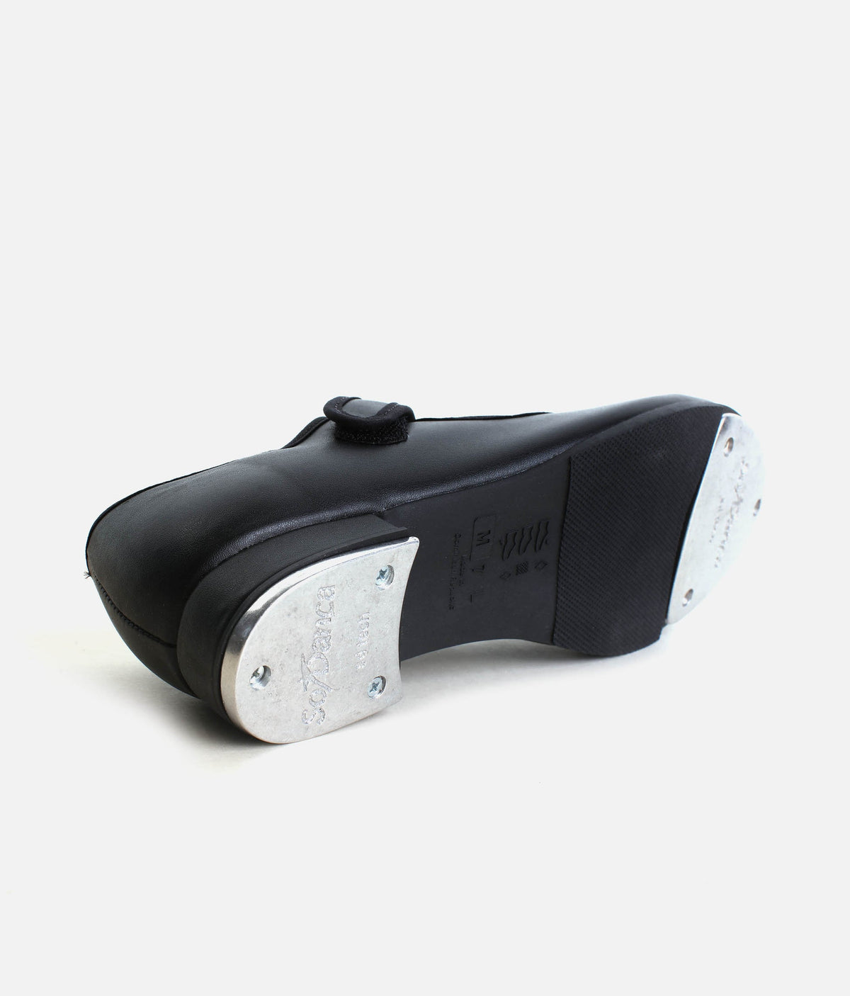 Angled sole view of So Danca TA38 adult Velcro tap shoe showing toe and heel taps