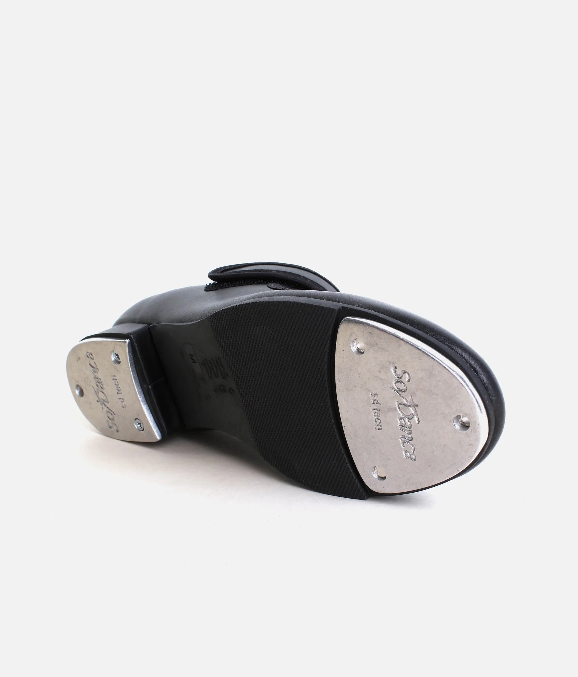 Sole of So Danca TA38 adult Velcro tap shoe showing toe and heel taps