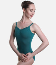Dancer wearing So Danca SL113 tropic green low back camisole ballet leotard front view