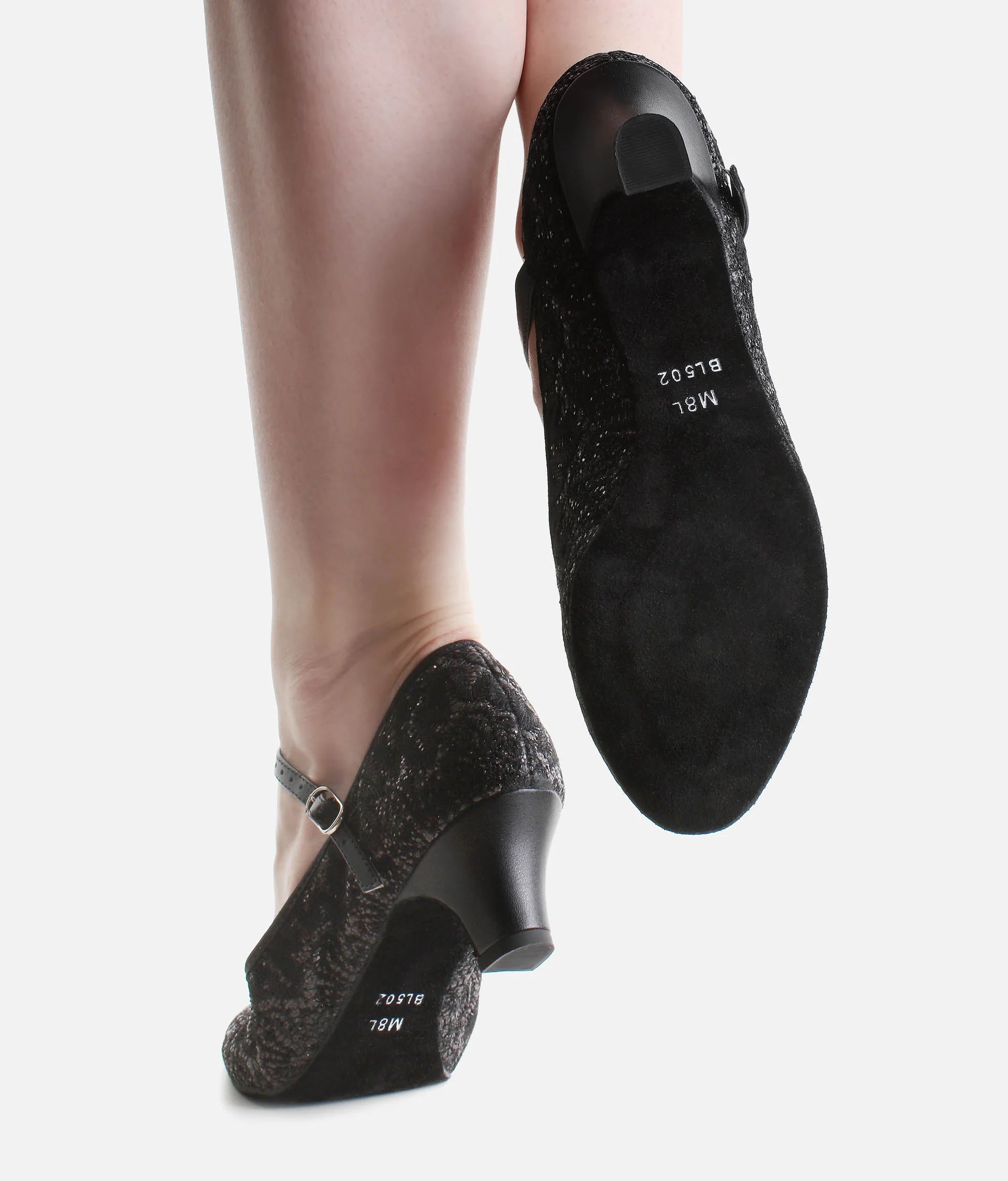 Suede sole on ballroom dance shoes worn view