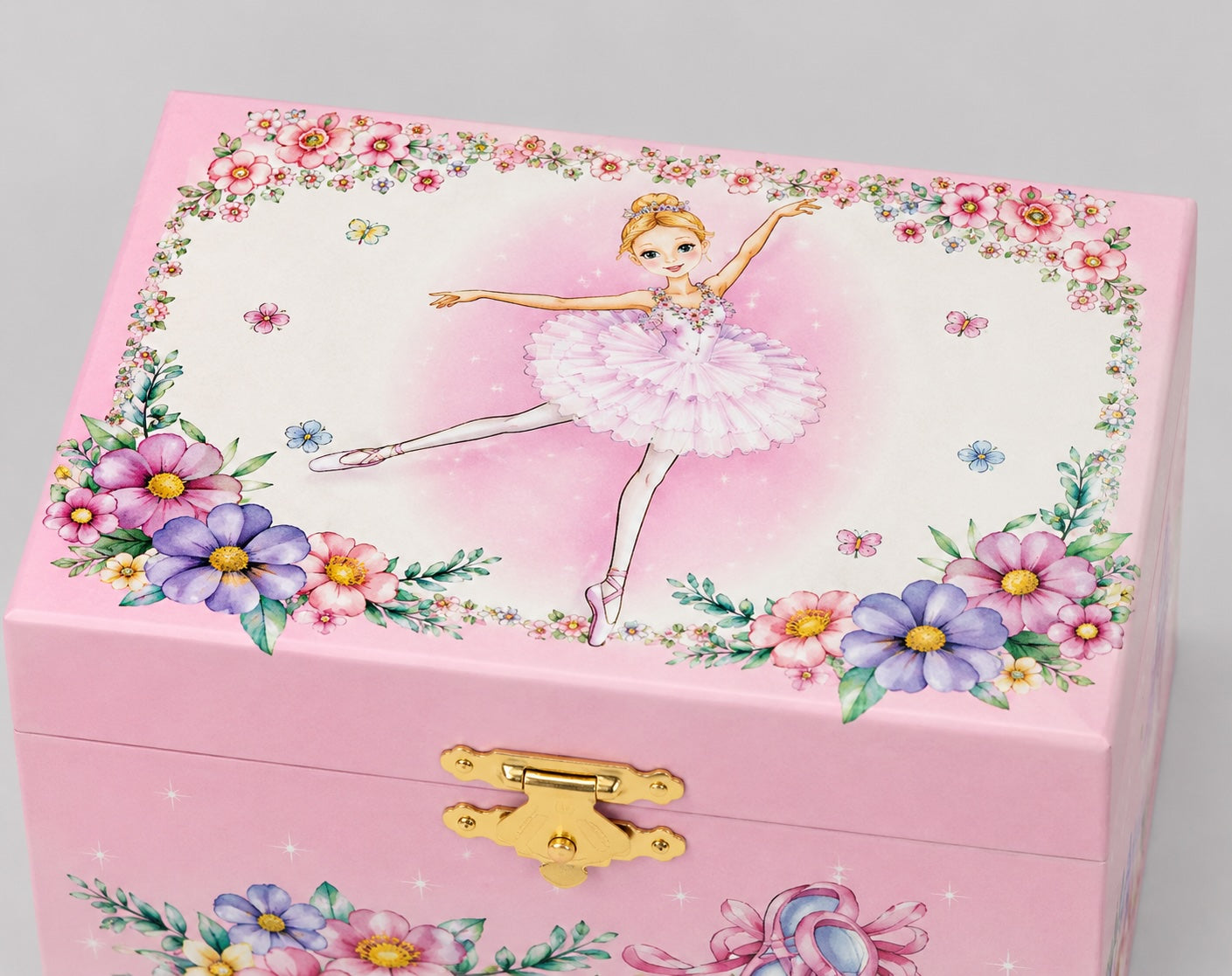 Close up of tutu ballerina artwork on pink musical jewellery box lid