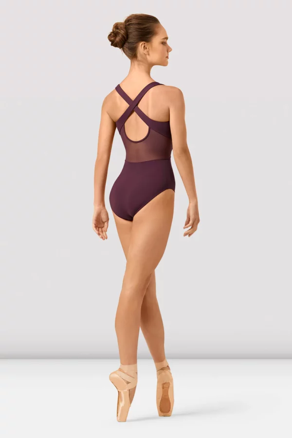 Lady wearing bugundy leotard from Bloch ballerina ballet