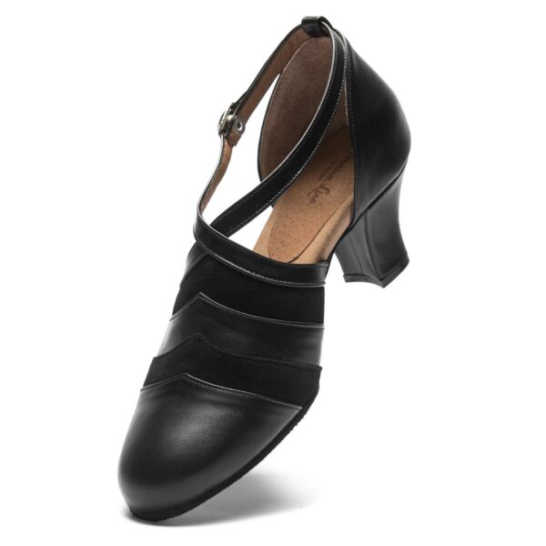 Real leather upper, suede sole ladies black ballroom social dance shoe