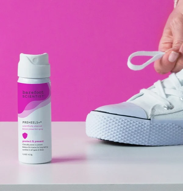 "Woman applying PreHeels+ before wearing sandals" "Runner using PreHeels+ spray for anti-chafing protection" "Dancer spraying PreHeels+ on feet before performance" "Blister prevention for travel, dance, and sports activities"