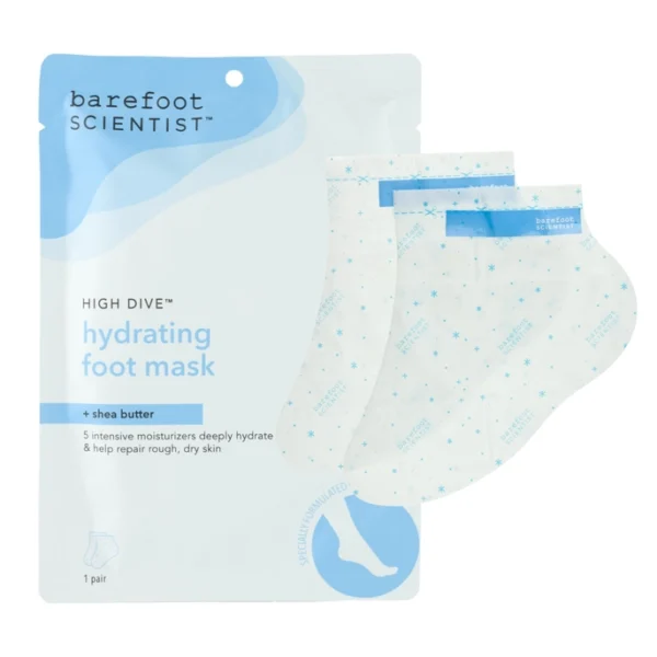 High Dive Hydrating Foot Mask + Shea Butter single-use booties" "Barefoot Scientist moisturizing foot mask packaging front view" "Foot mask booties infused with five intensive moisturizers" "Organic, cruelty-free foot mask for dry, cracked feet" "Recyclable packaging and organic ingredients in foot care mask" "Cruelty-free, single-use foot treatment for dry, rough feet"