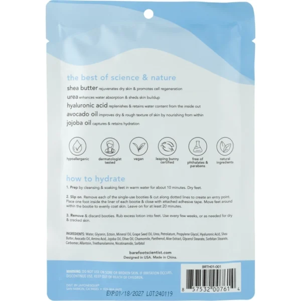 "Close-up of foot mask ingredients: urea, hyaluronic acid, shea butter, avocado oil, jojoba oil" "Moisturizing booties with humectants, emollients, ceramides, and occlusives" "Hydrating foot mask with visibly rich cream inside bootie""Recyclable packaging and organic ingredients in foot care mask" "Cruelty-free, single-use foot treatment for dry, rough feet"