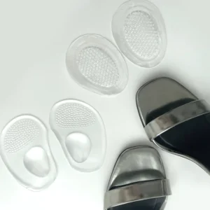 "So Jelly Pressure Relief Insole Grips with breathable silicone design" "Two styles of So Jelly silicone foot pads for all shoe types" "High-grade gel insole grips with pressure-relieving cushion""So Jelly foot grips inside high heels to reduce pressure" "Silicone insole pads placed in sneakers for added cushioning" "Applying So Jelly insoles to relieve forefoot strain" "Comfortable walking with pressure-relief insoles"